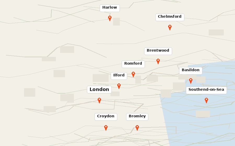 Map of London and Essex coverage areas